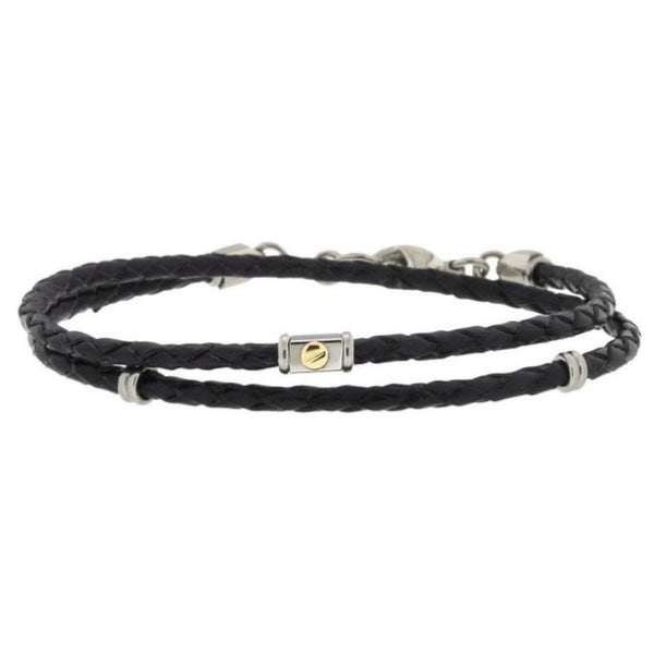 Men Stainless steel and black leather bracelet two turns with 18kt gold screw