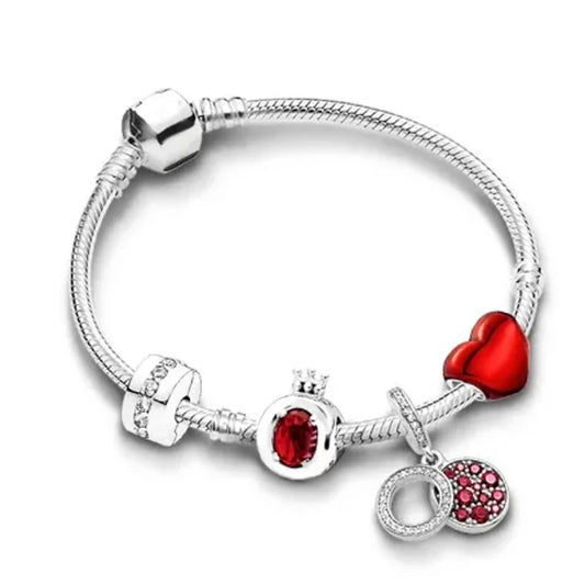Stainless Steel Bracelet with Red Heart & Charms