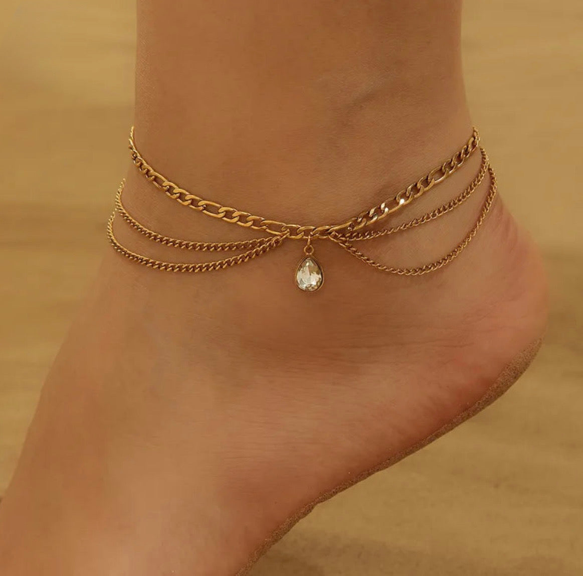⸻

Triple Chain Gold Anklet with Crystal Charm – Stainless Steel