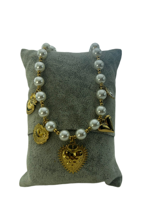 Pearl & Gold Heart Charm Necklace