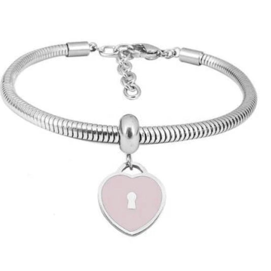 Stainless Steel Bracelet with Pink Heart Locket Charm