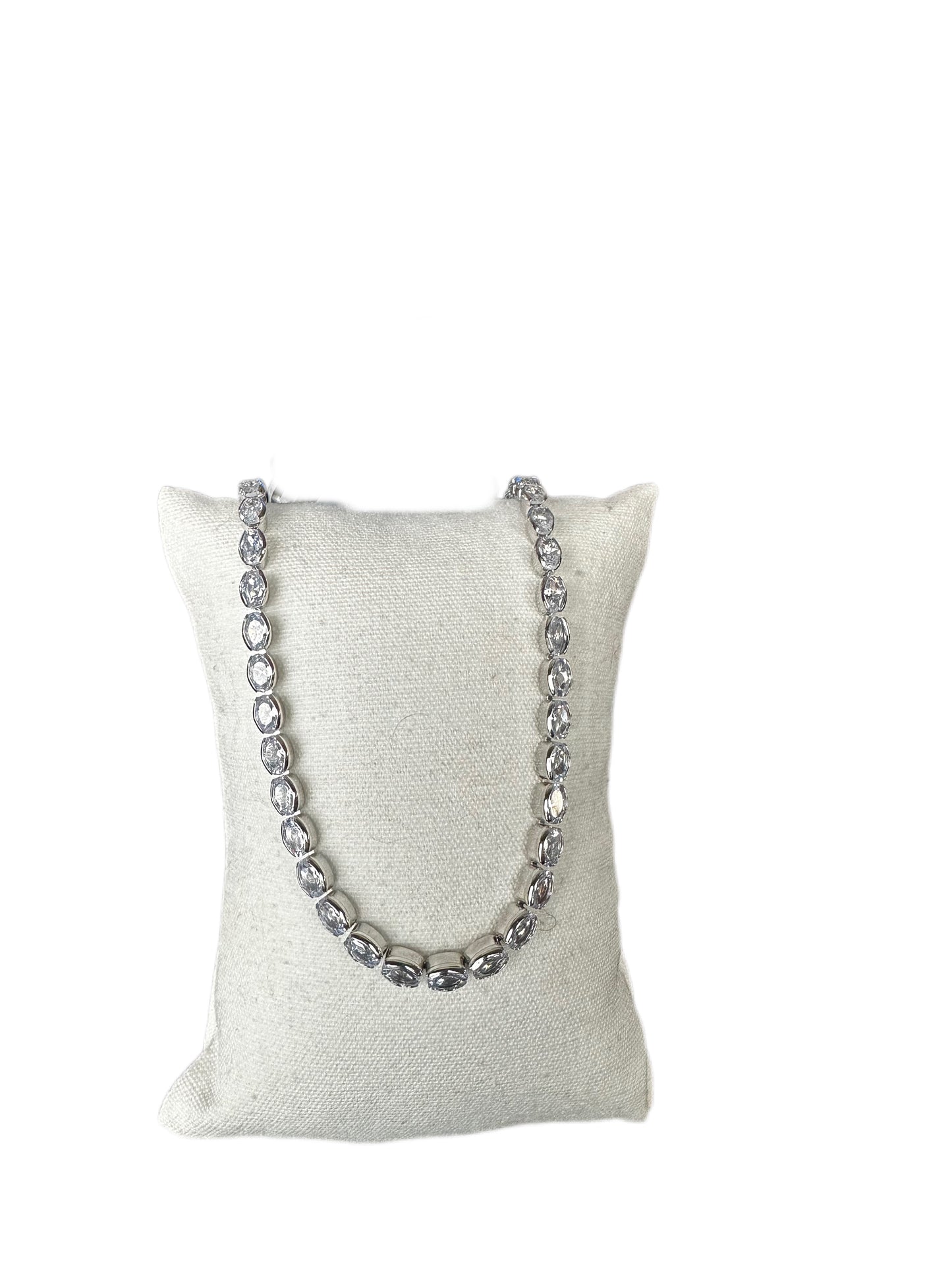 Riviera Style Stainless Steel Necklace with Oval White Crystals