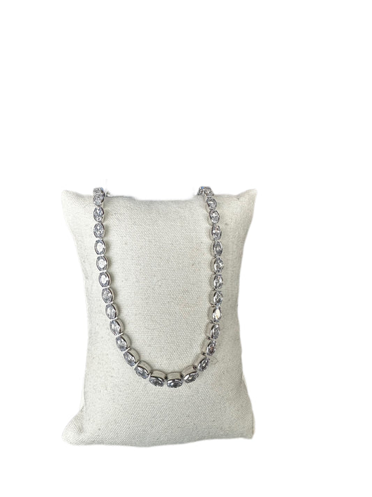 Riviera Style Stainless Steel Necklace with Oval White Crystals