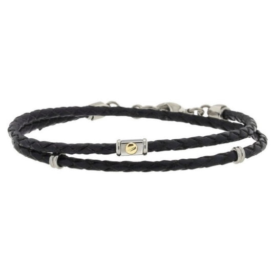 Men Stainless steel and black leather bracelet two turns with 18kt gold screw