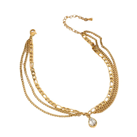 ⸻

Triple Chain Gold Anklet with Crystal Charm – Stainless Steel