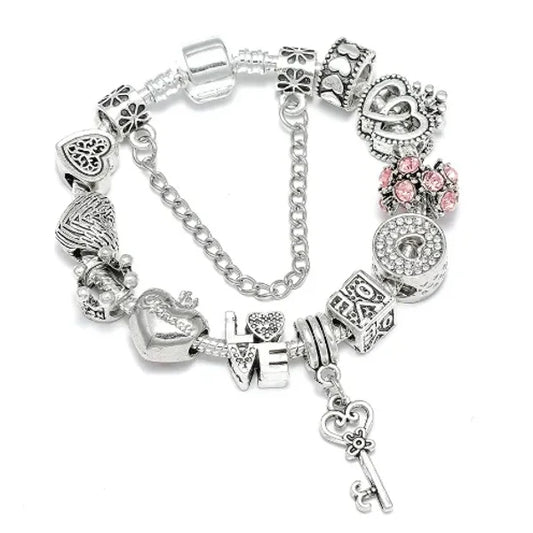 Silver Stainless Steel Bracelet with Key & Mixed Charms