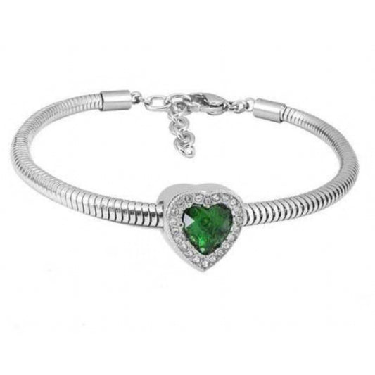 Stainless Steel Heart Bracelet with Green Stone & Zircon Accents