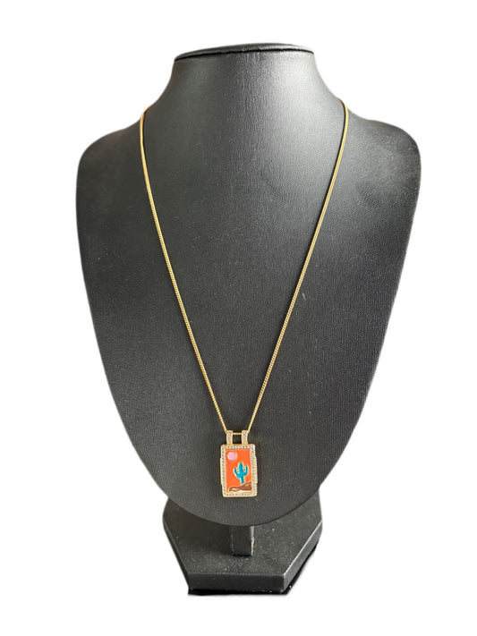 Desert Cactus Enamel Pendant Necklace